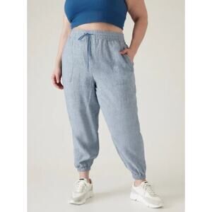 Athleta Joggers Womens Size 14 Blue Linen Pockets Drawstring Retreat Minimalist